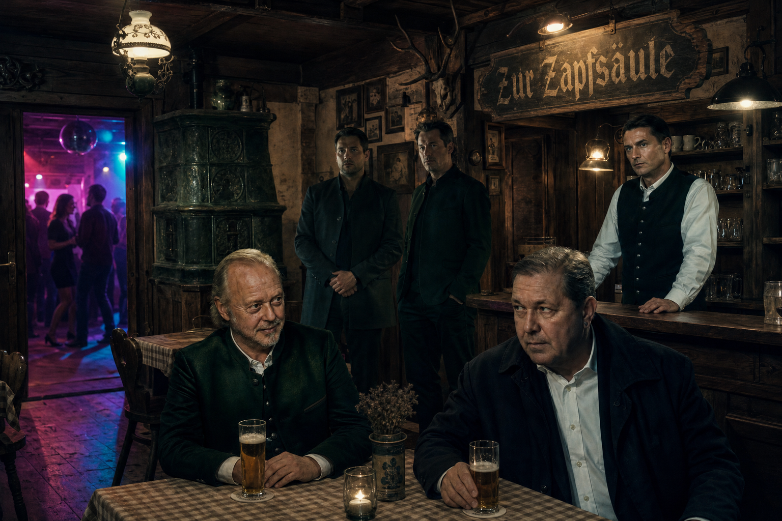 Szenenbild aus dem Krimidinner „Mord im Gasthof zur Zapfsäule“